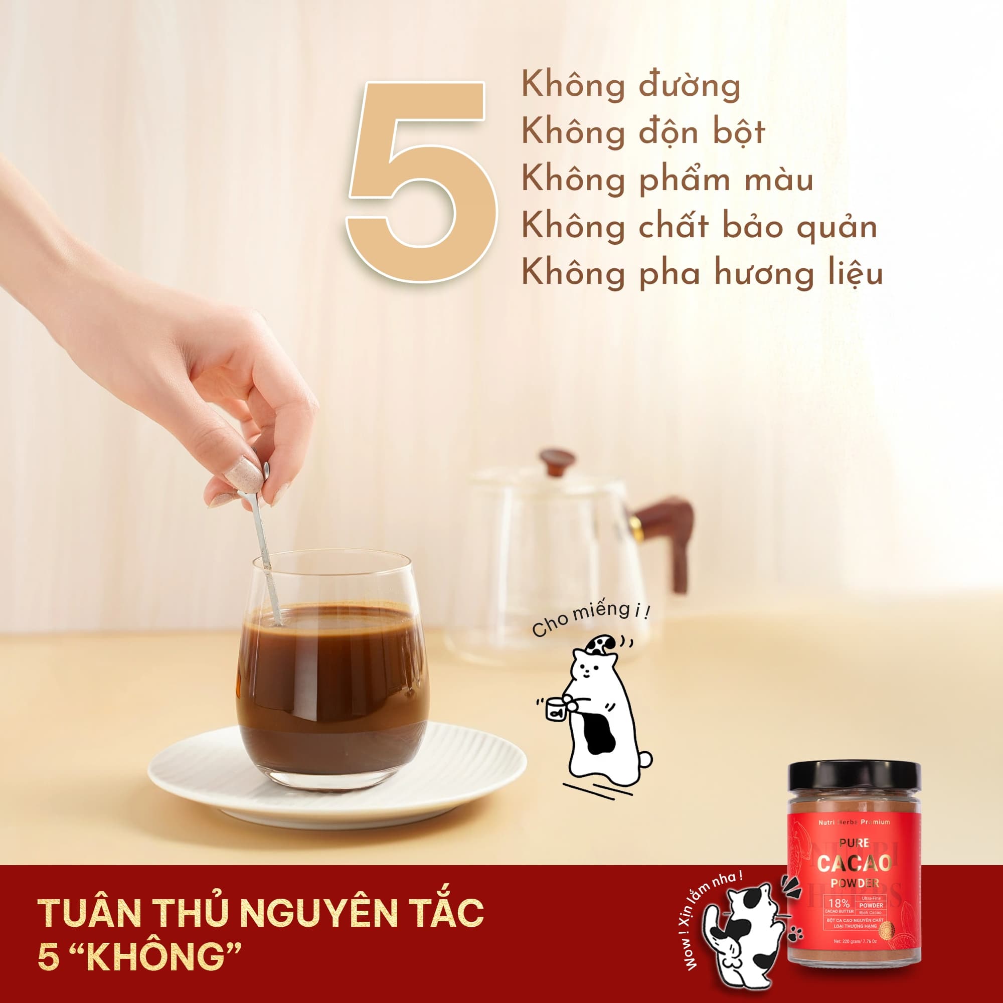 Bột Cacao Nguyên Chất Nutri Herbs – Bơ Cao 18%, Giàu Flavonoid, Không Đường & Hương Liệu – 50g/220g