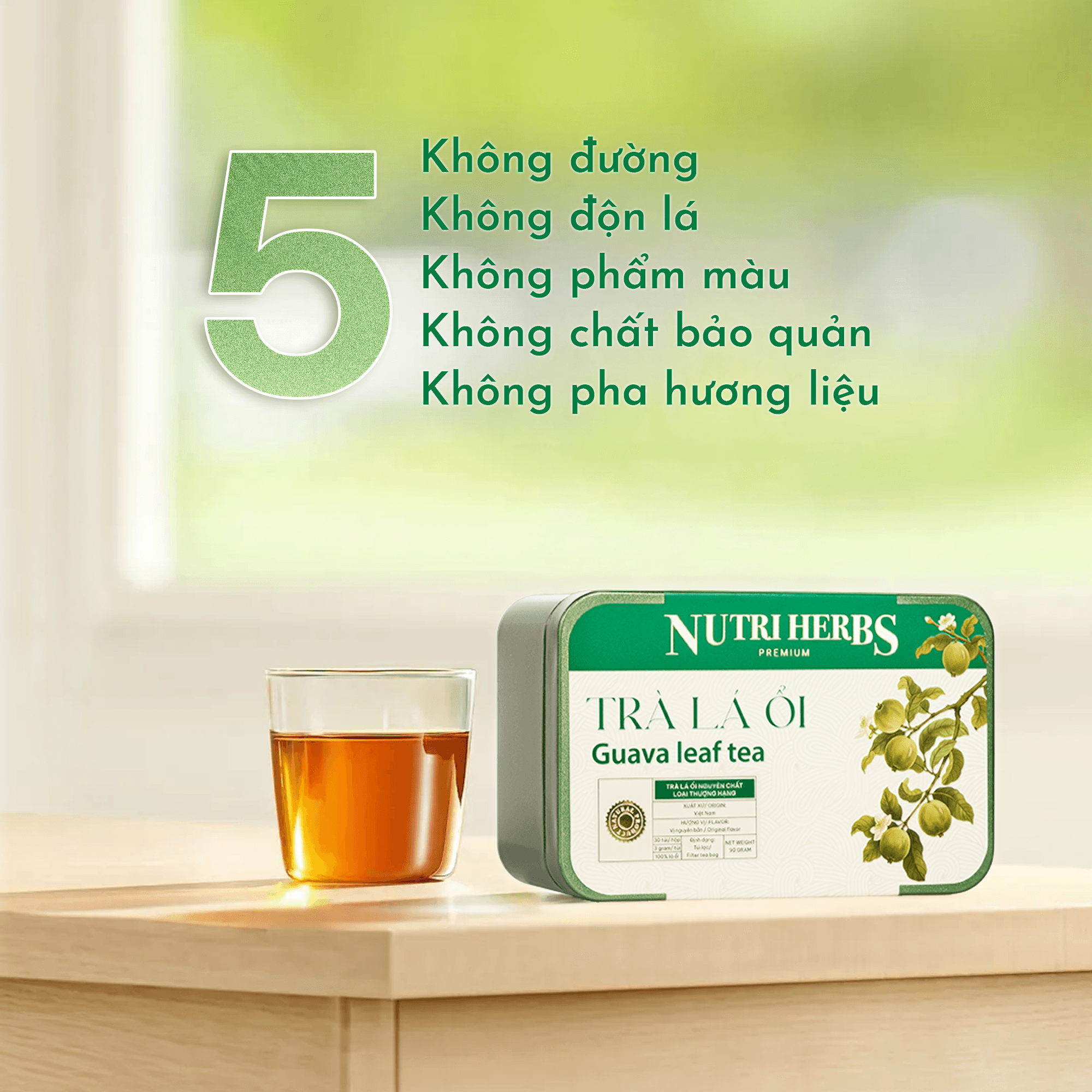 Trà Lá Ổi Non Nguyên Chất Nutri Herbs – Loại Thượng Hạng, Hộp Thiếc Đẹp Làm Quà Tặng – 30 Túi x 3g