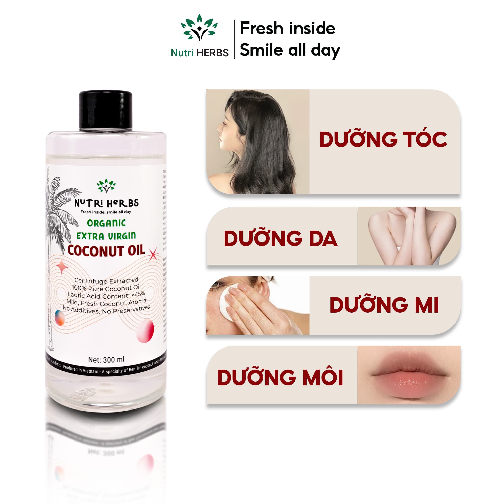 Dầu Dừa Tinh Khiết Nutri HERBS Nguyên Chất - Súc Miệng Giảm Mùi Hôi, Chăm Sóc Da, Tóc - Chai 300ml