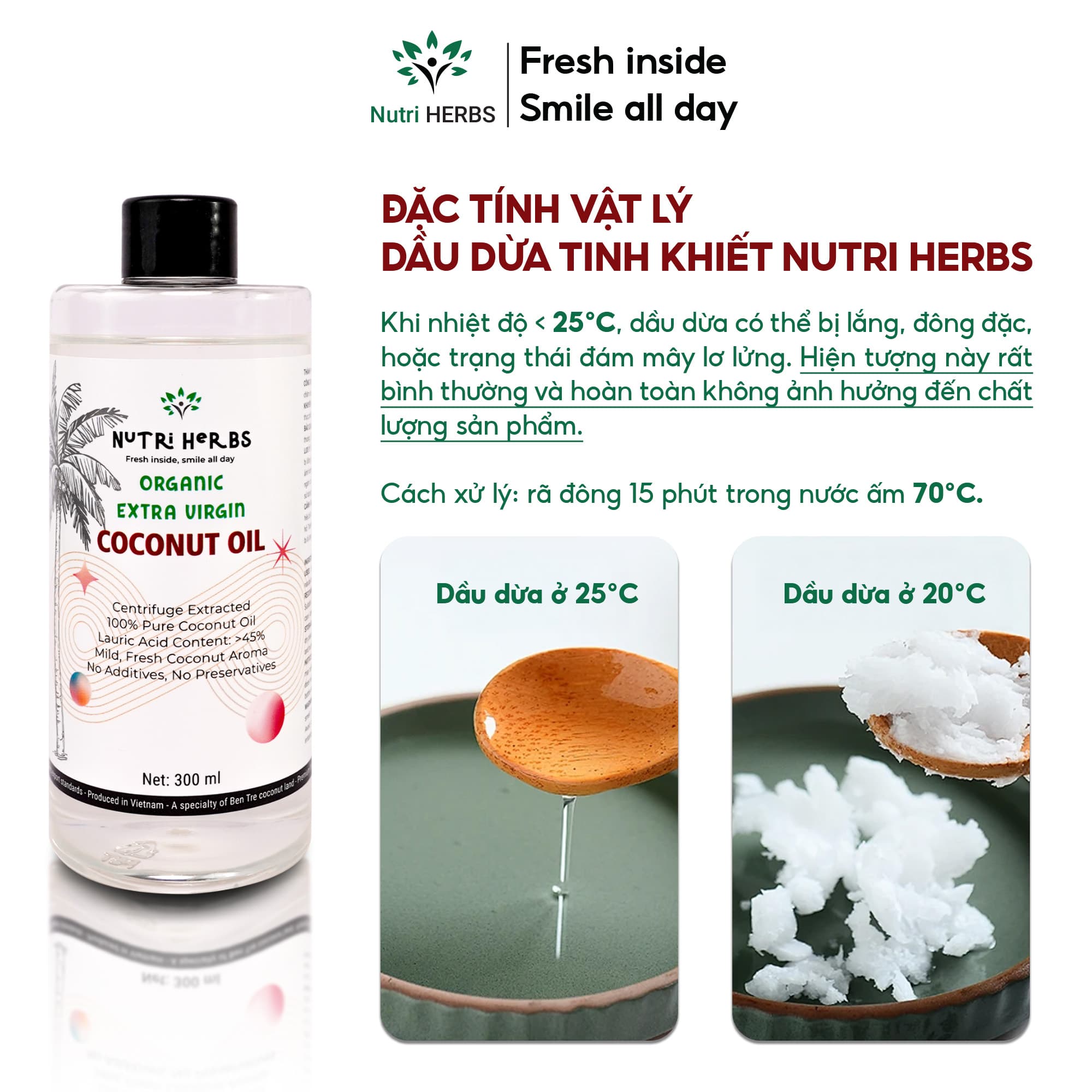 Dầu Dừa Tinh Khiết Nutri HERBS Nguyên Chất - Súc Miệng Giảm Mùi Hôi, Chăm Sóc Da, Tóc - Chai 300ml