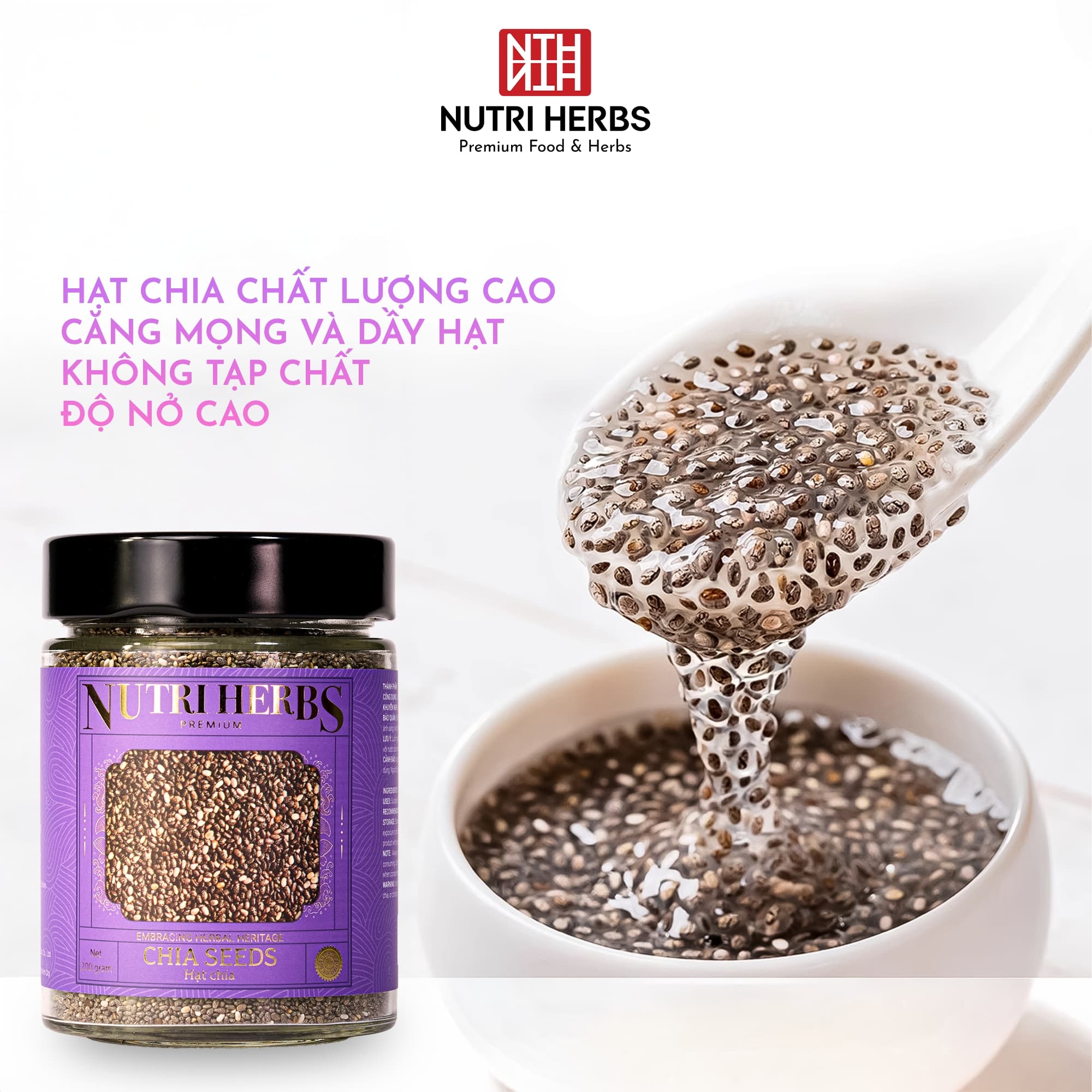 Hạt Chia Đen Nutri Herbs – Loại Thượng Hạng, Không Tạp Chất Sang Trọng Làm Quà Tặng – Lọ 200g