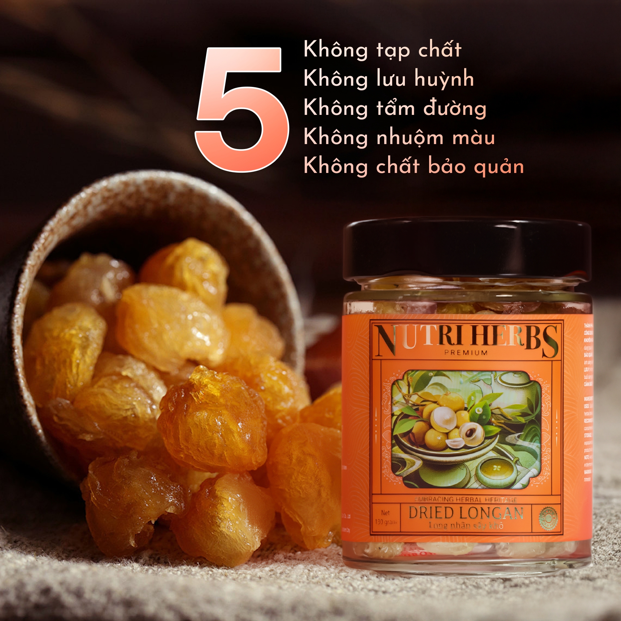 Long Nhãn Hưng Yên Sấy Khô Nutri Herbs – Loại Thượng Hạng, Vàng Đẹp Sang Trọng Làm Quà Tặng Lọ 130g