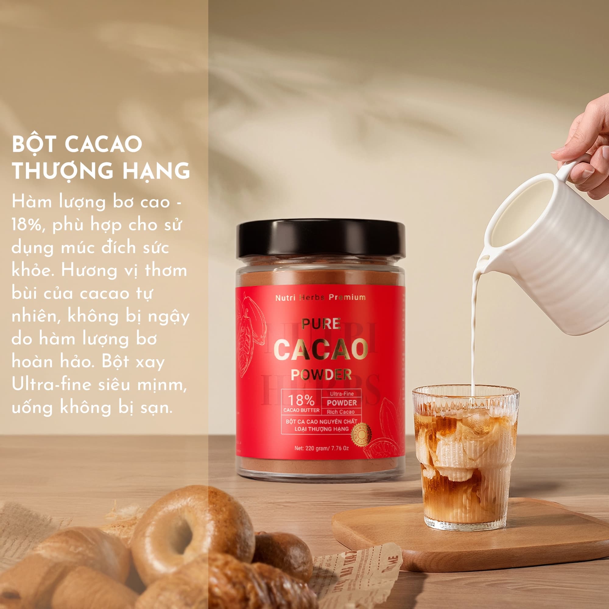 Bột Cacao Nguyên Chất Nutri Herbs – Bơ Cao 18%, Giàu Flavonoid, Không Đường & Hương Liệu – 50g/220g