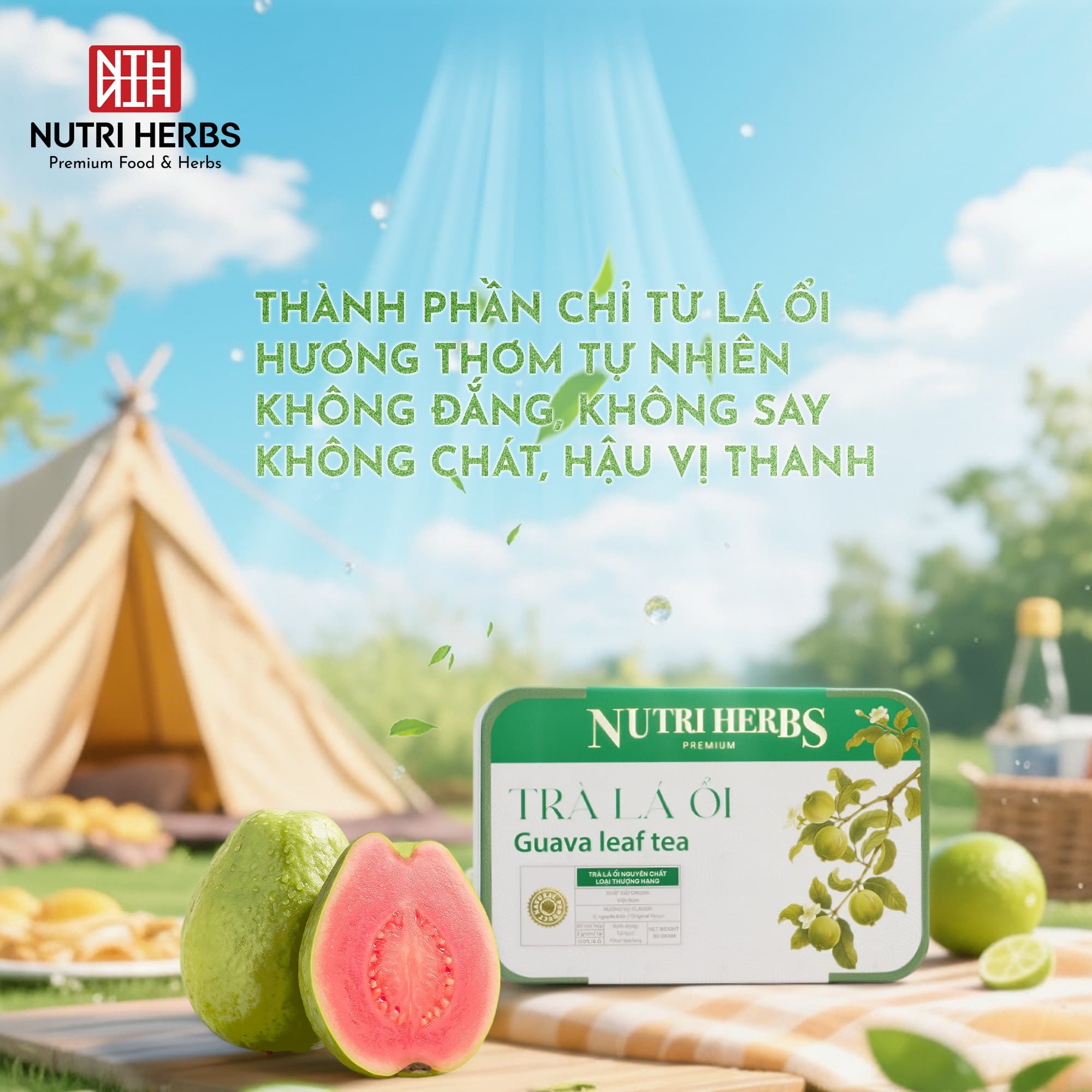 Trà Lá Ổi Non Nguyên Chất Nutri Herbs – Loại Thượng Hạng, Hộp Thiếc Đẹp Làm Quà Tặng – 30 Túi x 3g